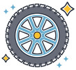 © Николай Прудиус - Stylized car tire with blue rim and yellow hub, surrounded by sparkle icons, showcasing automotive elements.