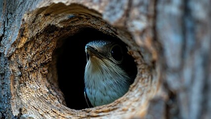 Close-up small grey white bird with large dark eye peering from tree hole nest for intricate bark texture highlighting delicate features safety of home concept