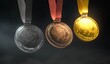 © wilson - Gold silver bronze medals with ribbons against dark background featuring shiny metal texture suitable for sports competition race award concept victory celebration achievement recognition