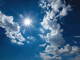 azure sky with fluffy white clouds, a brilliant sunburst piercing through. celestial expanse with sc