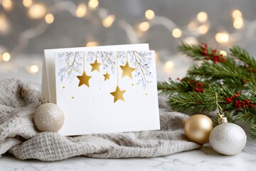 Wall Mural - christmas card with golden stars and festive decorations creates a warm holiday atmosphere