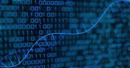 Wall Mural - Displaying abstract digital environment with glowing binary code weaving through DNA helices
