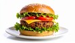 © Ahmad - Gourmet veggie burger with black beans, cheese, lettuce, and tomato on a white plate.