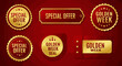 © ALLmost - A collection of elegant golden 'Special Offer' and 'Golden Week' badges and labels on a textured red background.