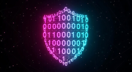 Binary code forming shield symbolizing data encryption and secure digital protection against cyber threats and privacy breaches