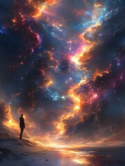 Wall Mural - A lone figure gazes at a vibrant colorful nebula filled with stars and glowing clouds