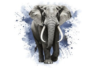 majestic elephant with tusks confronts viewer with dynamic blue watercolor splash background