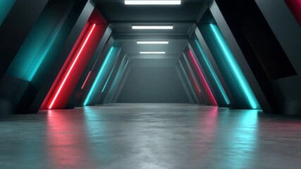 Wall Mural - futuristic corridor glowing neon light reflecting on smooth concrete floor and dark interior with mo