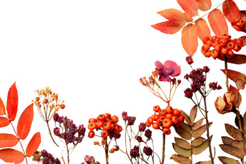 Wall Mural - autumn composition. dried leaves, flowers, rowan beries on white background. atumn, fall, thanksgivi