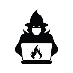 Mysterious hacker wizard with a flaming laptop, lurking in the digital realm, hacker in front of digital firewall silhouette vector illustration