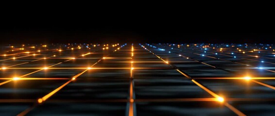Wall Mural - digital grid glowing with orange and blue lights showcasing futuristic technology, connection, and i