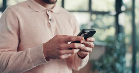 House, hands and man with smartphone, typing and social media with digital app for texting. Apartment, internet and person with cellphone, scroll or network with online chatting or message to contact
