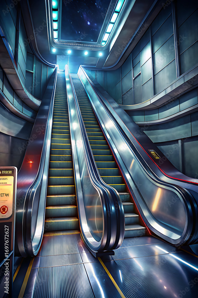 Futuristic Multi-Lane Escalators Ascending through a Bright Modern ...