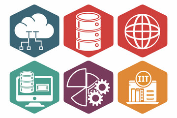Hexagonal icons representing cloud computing, database, and web technologies