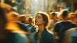 © AspctStyle - Young woman standing still with closed eyes in the middle of a busy city street, finding calm and mindfulness while blurred crowds move around her
