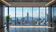 © Roman - A bright, spacious office features floor-to-ceiling windows offering a panoramic view of New York City's skyline, with the Empire State Building prominently visible