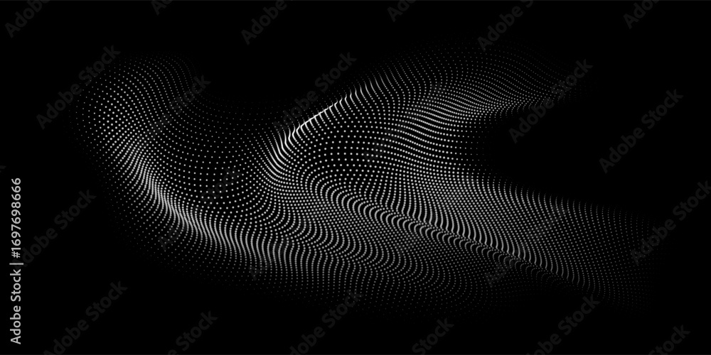 Flowing dots particles wave pattern white light isolated on black ...