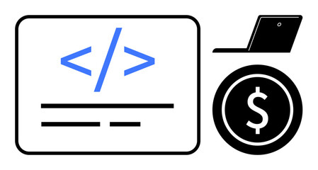 Code snippet on screen, laptop, and dollar icon representing programming, online business, finance, software, technology, innovation coding skills value. Ideal for education business and digital