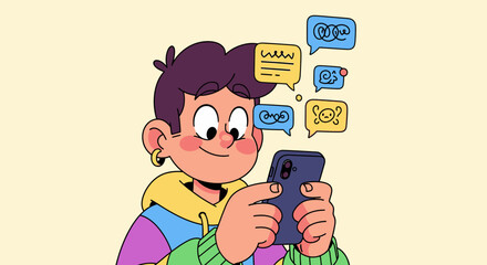 Boy chatting online using smartphone communication media messaging concept illustration