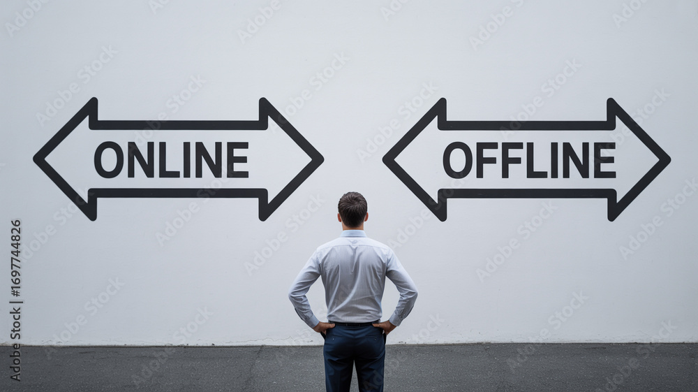 Online vs offline decision concept man choosing between internet and ...
