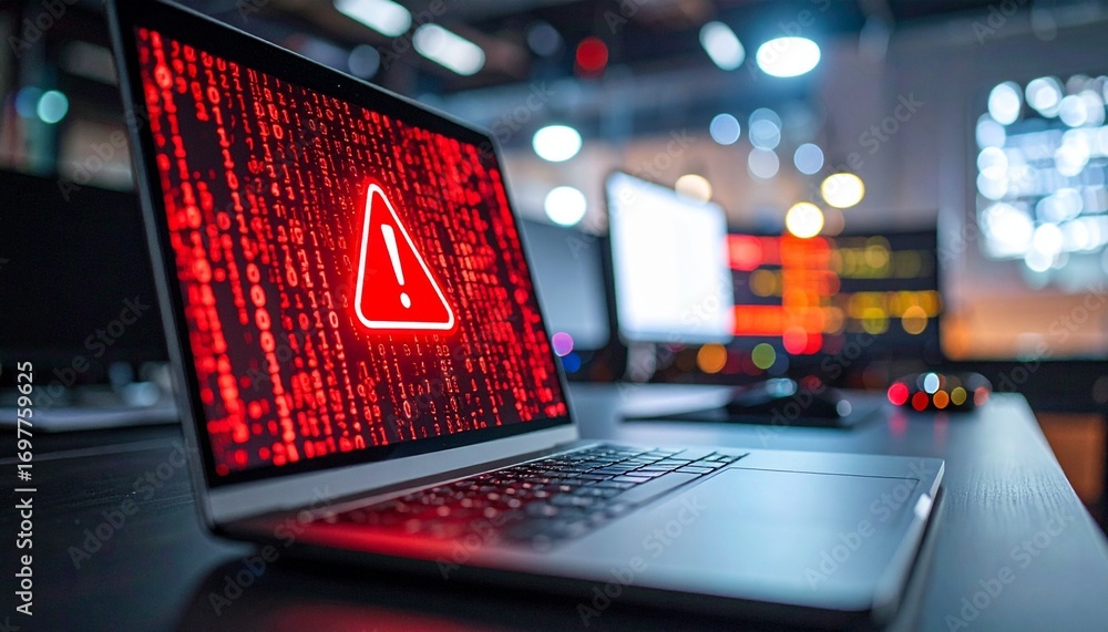 Laptop screen showing red warning code with exclamation triangle Stock ...