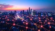 © Innovative - Connected cityscape with digital red node overlay at sunset