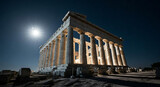 Illuminated parthenon at night with moon in the sky and ancient ruins in the foreground athens greece ai generated
