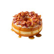 © Hannelore - A perfect maple-glazed donut with crispy bacon bits, maple syrup, and sea salt on a white plate, isolated on transparent, 45-degree angle, bright diffused light, gourmet food concept