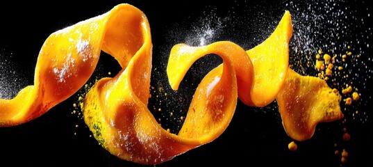 Vibrant yellow pasta ribbons in mid-air, exploding with flour