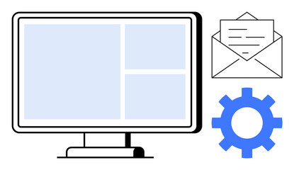 Computer monitor with layout interface, envelope representing email, and a gear icon for system configuration. Ideal for digital communication, online tools, email management, software development