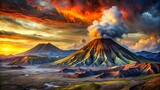 Photo of a dramatic volcanic eruption spews ash and smoke into a fiery, sunset sky over multiple volcanoes, showcasing the raw power and beauty of natures forces