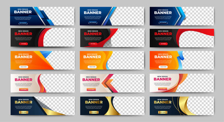 Wall Mural - Big set of horizontal business banner templates. Modern technology design, abstract background layout with photos. Editable Vector corporate and advertising business banner layout template. vector