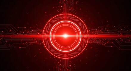 Vibrant Red Digital Circuit Board with Glowing Central Hub