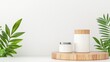 © ANUPONG WANSUKH - White vase with wooden stand on a wooden table for premium skincare product packaging mockup