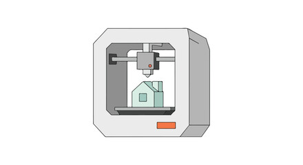 Illustrative 3D printing scene featuring the creation of a miniature stylized house structure design concept