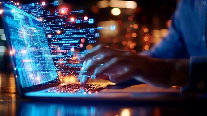 Tech advanced coding professional software on laptop, maximizing workflow potential within sleek digital featuring contemporary workspace infrastructure video 4k