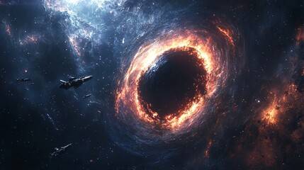 realistic spacecraft flying near glowing alien energy ring around a black hole, galactic backdrop, m