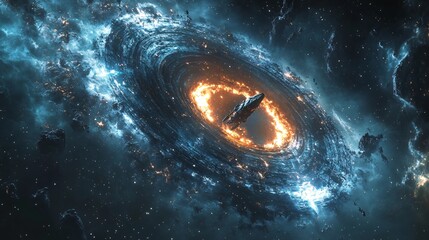 realistic spacecraft flying near glowing alien energy ring around a black hole, galactic backdrop, m