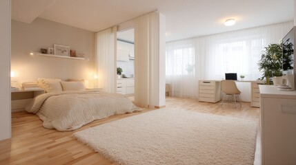 Wall Mural - Minimalist cozy bedroom interior design with wooden flooring and natural light