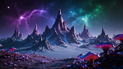 Wall Mural - Colorful Alien Landscape with Unique Fungi and Mountain Peaks