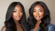 © Yuliia - Young African American women with glowing skin and long black wavy hair wearing denim, showcasing natural beauty makeup and radiant smiles in professional studio lighting.