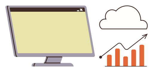Computer monitor, upward-trending graph, and cloud icon emphasizing technology, analytics, progress, and growth. Ideal for business, technology, data digital marketing cloud services innovation