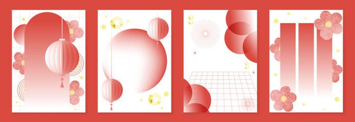 Wall Mural - Chinese New year poster design vector set. Modern new year white and red card with lantern, coin, flower in geometric shape. Illustration for flyer, brochure, social media, banner, ads.