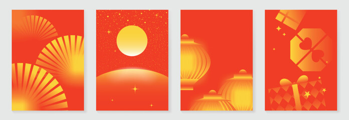 Wall Mural - Chinese New year poster design vector set. Modern new year red and gold card with lantern, fan, moon, gift in geometric shape. Illustration for flyer, brochure, social media, banner, ads.