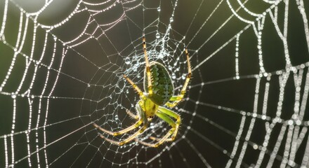 A delicate spider meticulously weaves its intricate orb web adorned with morning dew droplets creating a magical natural tapestry