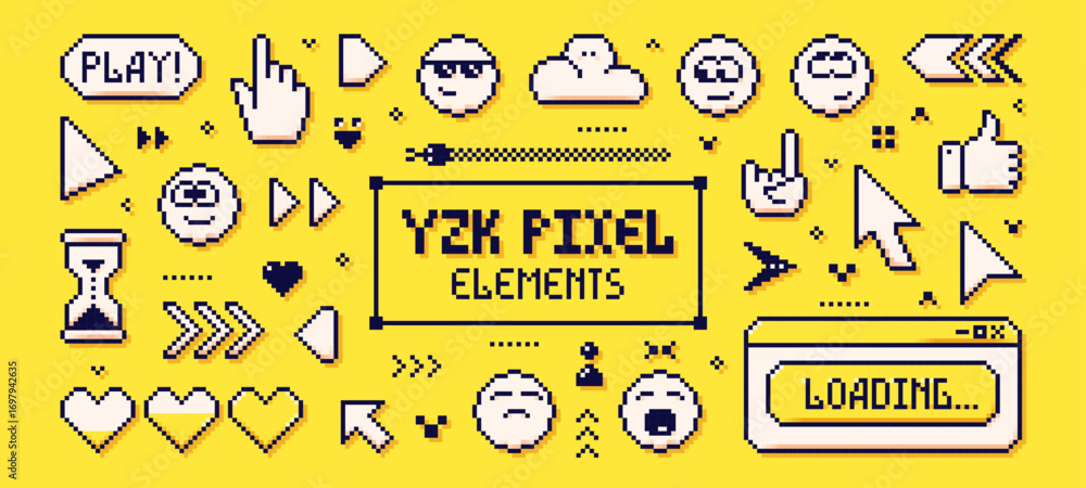 Pixel Cute Button Pixel Y2K cute emoji faces, arrows of various shapes, browser windows ...