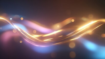 Abstract flowing light waves with golden glow and bokeh effect in vibrant colors for digital design and technology themes
