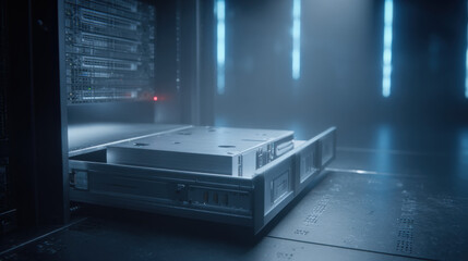SSD storage array drawer sliding smoothly into chassis dust-free environment professional mood illustration concept scene visual for commercial design use high detail quality stock image illustration 