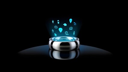 A futuristic smart ring projects holographic app icons, symbolizing connectivity and innovation in a sleek, modern design against a dark background