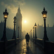 © Farizal - Silhouette of a man in a suit walking on Westminster Bridge towards Big Ben and the Houses of Parliament during sunrise in London, England. The scene features glowing street lamps, wet pavement.
